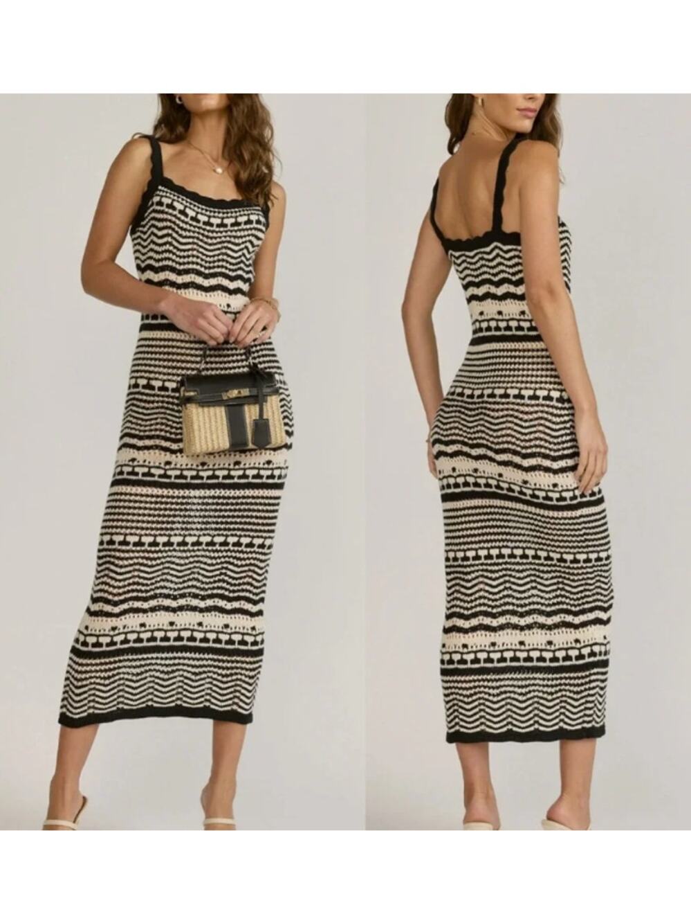 NWT Joie Striped Knit Crochette Midi Dress Black White Sleeveless Size Medium